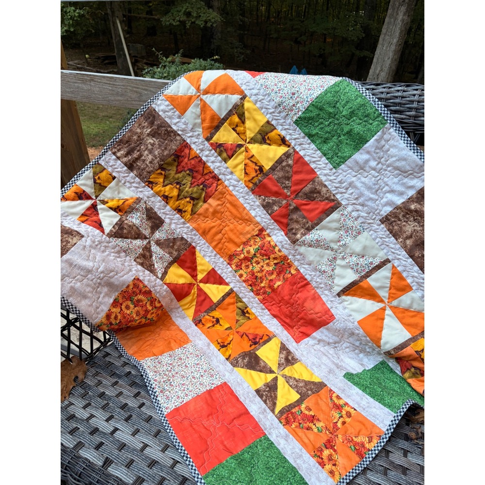 Handmade Patchwork Cotton Quilt Fall Colors Pinwheel Throw 35x39 Autumn Accent